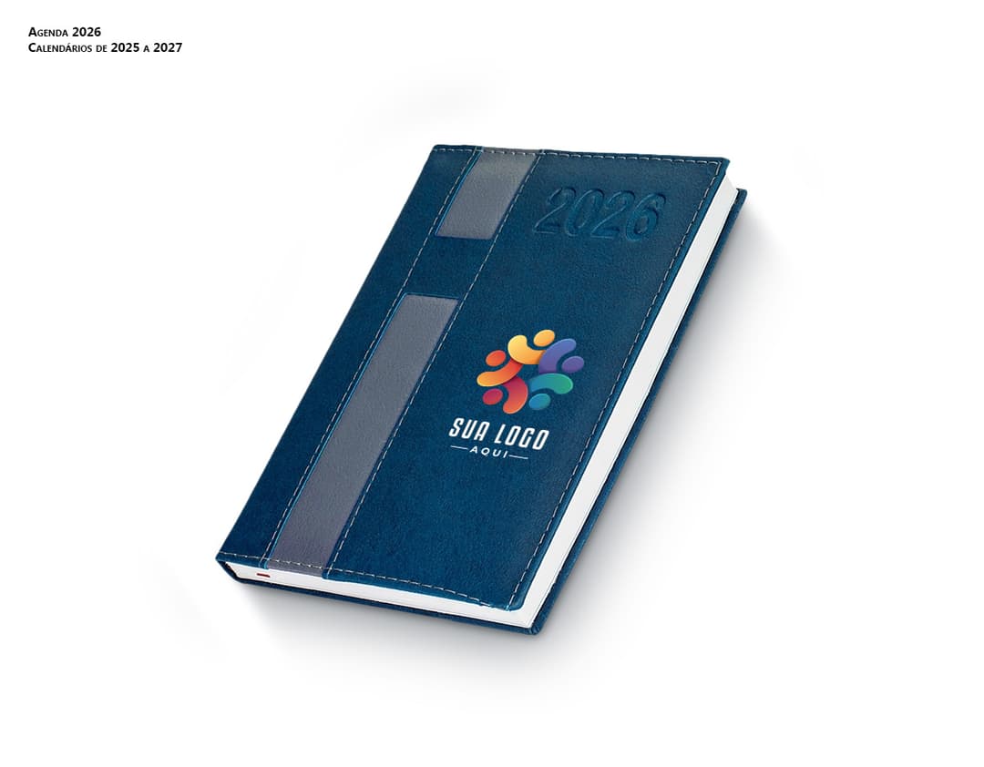 Agenda diária para o ano de 2025, com capa dura preta e detalhes dourados. Páginas internas em papel pautado e marcador de página.