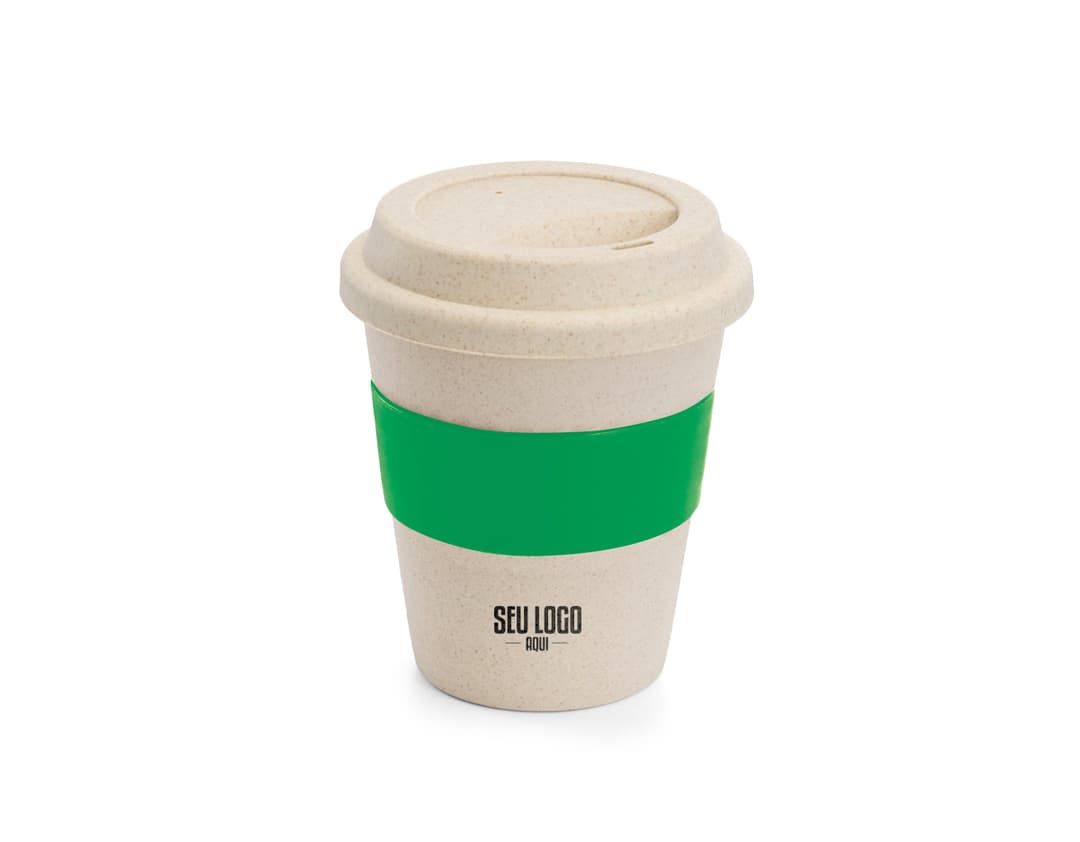 Copo viagem de bambu com revestimento de silicone, com capacidade de 380ml.