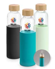 Squeez de vidro com tampa de bambu e revestimento de silicone, capacidade de 600ml.