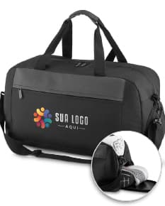 Mala esportiva preta moderna com alça de couro, compartimento molhado, fecho de zíper, ideal para viagens e atividades esportivas.