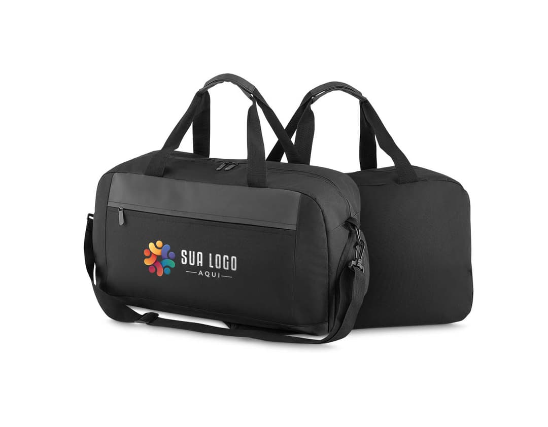 Mala esportiva preta moderna com alça de couro, compartimento molhado, fecho de zíper, ideal para viagens e atividades esportivas.
