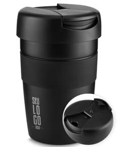 Container de metal preto com tampa de aço inoxidável, capacidade de 350ml, ideal para armazenar líquidos como café, chá ou água. Objecto brilhante e resistente, adequado para uso em casa, escritório ou em viagens.
