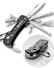 Imagem de um Canivete Multifunções em Aço Inoxidável com diversas ferramentas, como tesoura, lâmina afiada, saca-rolhas e chave de fenda. Um equipamento versátil e resistente para diversas atividades. Ideal para uso doméstico, camping ou emergências. Adquira já o seu!