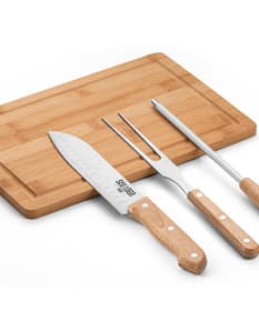 Kit Churrasco: Facas e garfos de aço inoxidável com cabo de madeira, ideais para cortar e preparar alimentos. Conjunto de utensílios de cozinha de alta qualidade para seu churrasco.