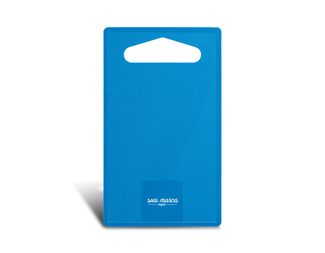Tábua de corte de plástico quadrada em branco, ideal para uso comercial. Design clean e moderno, perfeita para personalização com etiquetas. Armazene seus alimentos com praticidade e organização. Adquira já a sua!