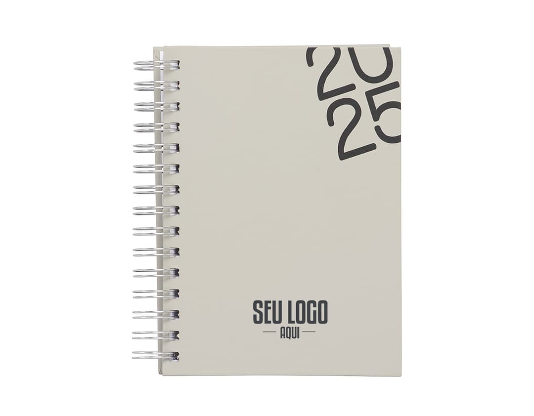 Agenda diária 2025 Wire-o com capa dura na cor preta e detalhes em dourado, apresentando páginas internas decoradas com linhas para anotações diárias.