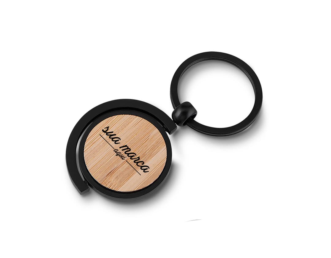 Chaveiro brilhante e elegante para personalizar com sua marca. Perfeito para brindes de negócios. Foto em close-up, isolado, com reflexo e sombra. Adquira o seu agora!