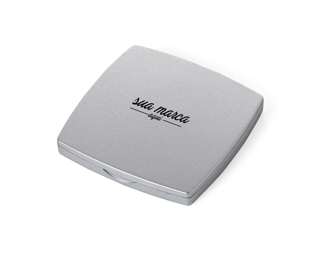 Espelho plástico duplo para brindes de negócios modernos. Item tecnológico e prático, ideal para desktop e conexões individuais. Personalize com sua marca!