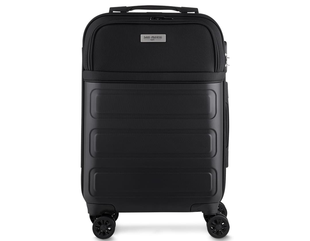 Mala de viagem pequena de nylon com rodas 360º em tom de preto. Ideal para quem busca praticidade e elegância durante suas viagens ou compras. Alça única de metal com zíper e design moderno.