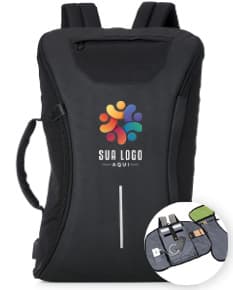 Mochila preta de 17 polegadas feita de poliéster, ideal para notebook. O acessório de couro sintético é elegante e atemporal, perfeito para uso casual ou profissional. Ideal para compras, viagens ou para uso diário.
