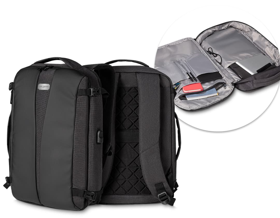 Mochila pasta de couro preto para viagem de negócios e armazenamento de equipamentos. Moderna, prática e elegante, com alça de mão e zíper. Ideal para transportar seus pertences com estilo e segurança. Perfeita para uma jornada de sucesso. Adquira já a sua!