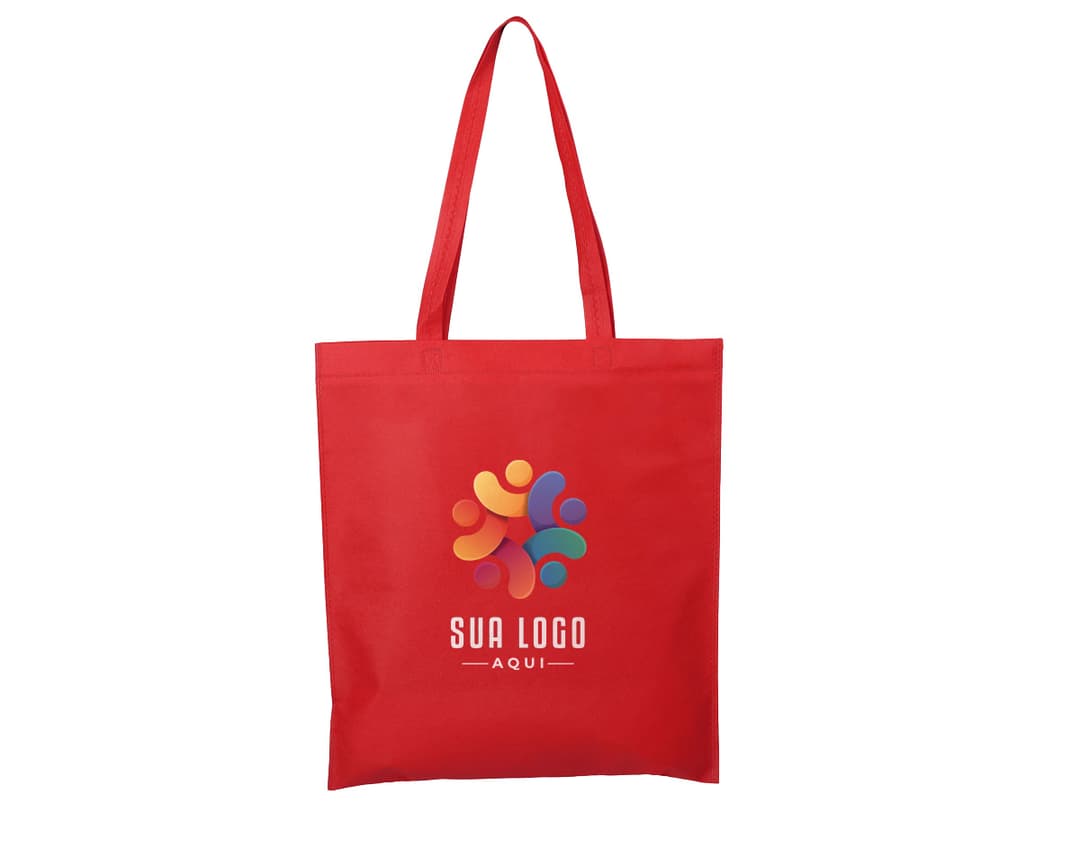 Sacola de compras de tecido não tecido (TNT) de 100g com alça de 60cm. A sacola é amarela e possui um design moderno e colorido. Está vazia e pronta para ser usada para transportar mercadorias. A embalagem é resistente e possui alças fortes para carregar. Ideal para compras, presentes e uso diário.
