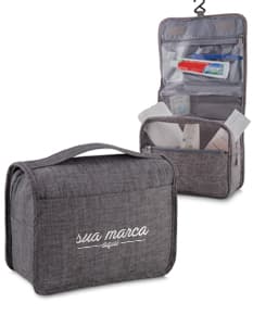 Necessaire preta de poliéster com espaço interno, ideal para armazenar objetos, equipamentos e dinheiro com segurança. Perfeita para viagens, escritório e celebrações.