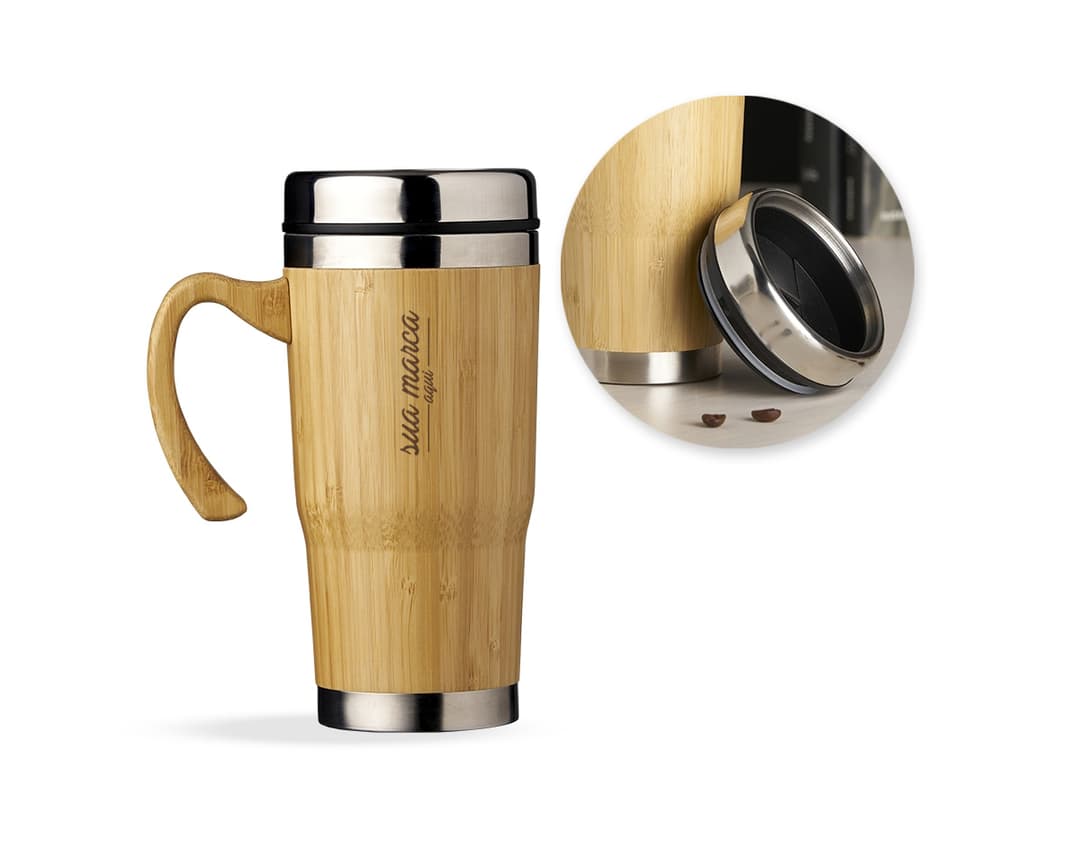 Caneca de bambu 500ml, perfeita para desfrutar de suas bebidas favoritas com estilo e consciência ambiental. Feita de bambu e aço inoxidável, é durável, leve e ecológica. Ideal para chás, cafés e drinks. Adquira já a sua!
