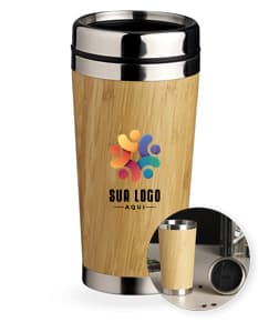 Copo de bambu 500ml em cor verde, com tampa de rosca e alça de tecido marrom.