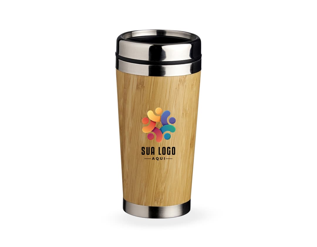 Copo de bambu 500ml em cor verde, com tampa de rosca e alça de tecido marrom.