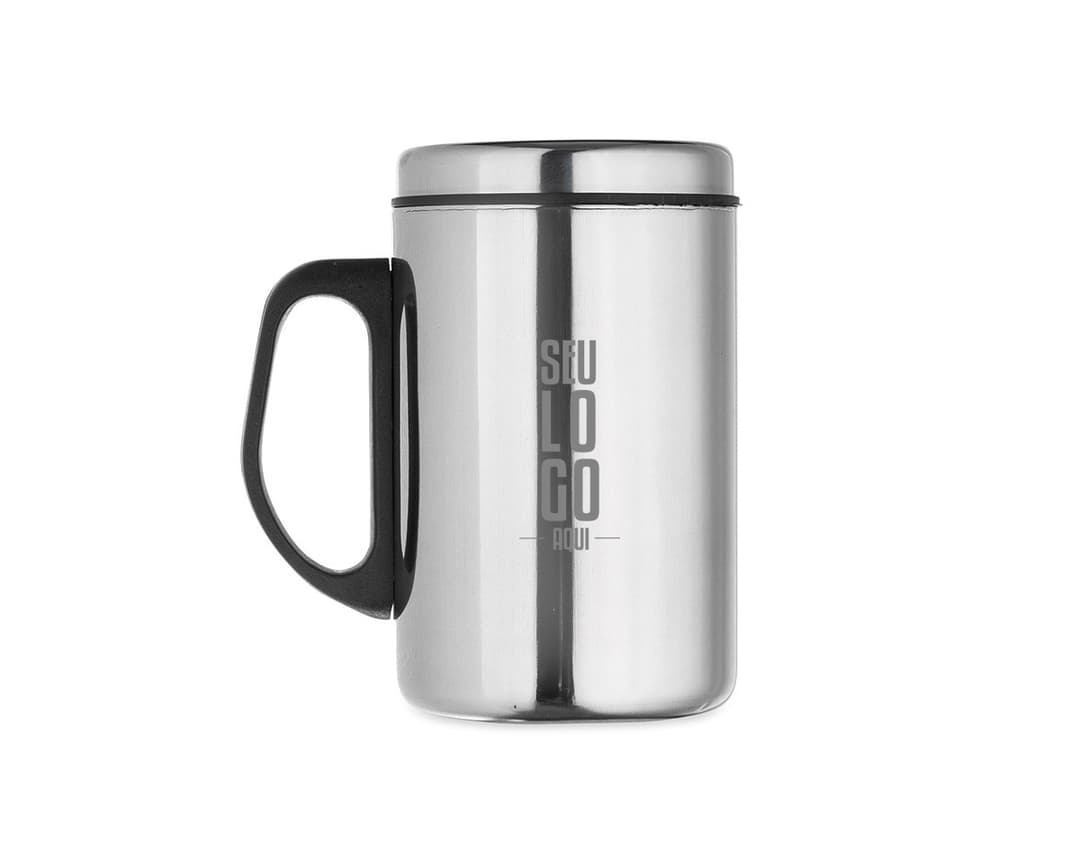 Caneca de inox com capacidade de 350ml em fundo branco.