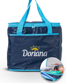 Bolsa térmica de 36 litros em cor marrom e rosa, feita de couro e lona. Possui alça, zíper, compartimento espaçoso e é ideal para viagens e uso casual. Elegante, moderna e prática.