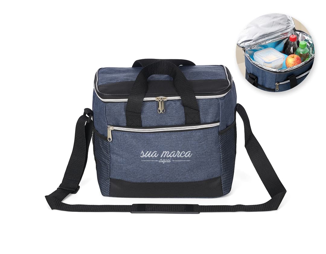 Bolsa térmica de 18 litros com bolsos telados, ideal para armazenar alimentos e bebidas em viagens ou passeios. Design moderno e elegante em nylon marrom brilhante, com alças ajustáveis e fecho de zíper para maior segurança. Perfeita para uso pessoal, negócios ou lazer.