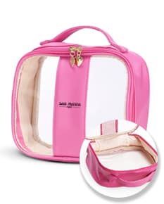 Nécessaire PVC Média preta, moderna e elegante, com fecho de zíper e alça de mão. Feita de couro sintético, possui um design clean e é ideal para armazenar objetos pessoais com segurança e estilo.