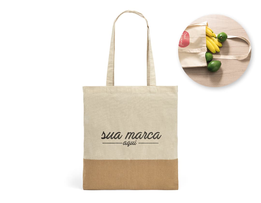 Sacola de algodão 160g com detalhes em juta, ideal para compras e presente. Produto seguro, com fecho de segurança e espaço para armazenamento. Design moderno e resistente, perfeito para compras e presente.