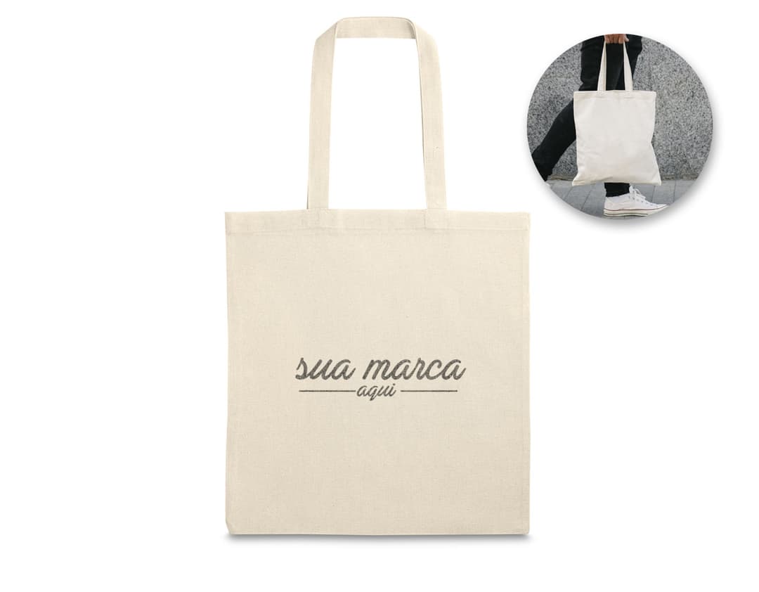 Sacola de algodão marrom com alças costuradas, ideal para uso em compras e segurança de objetos.