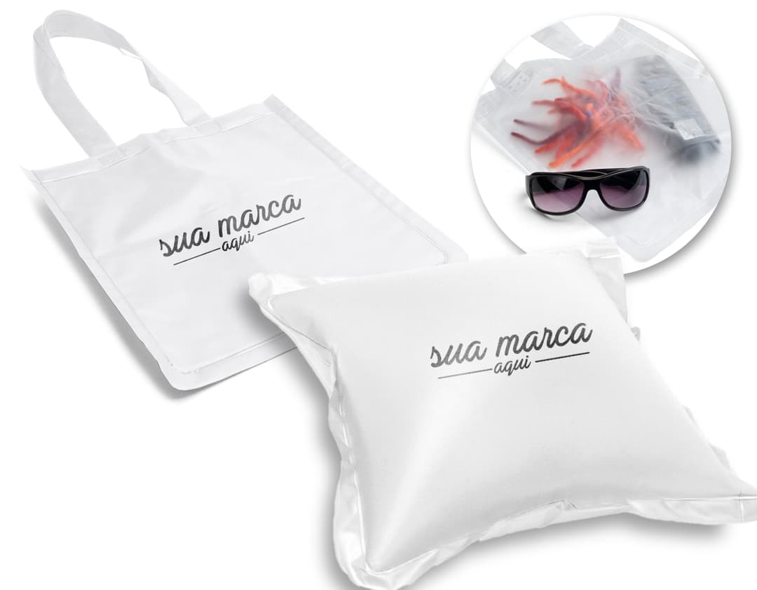Sacola almofada inflável com design moderno e prático. Ideal para promover sua marca em eventos corporativos. Feita em material resistente e inflável, perfeita para armazenar seus brindes e documentos. Aproveite nossa promoção e garanta já a sua!