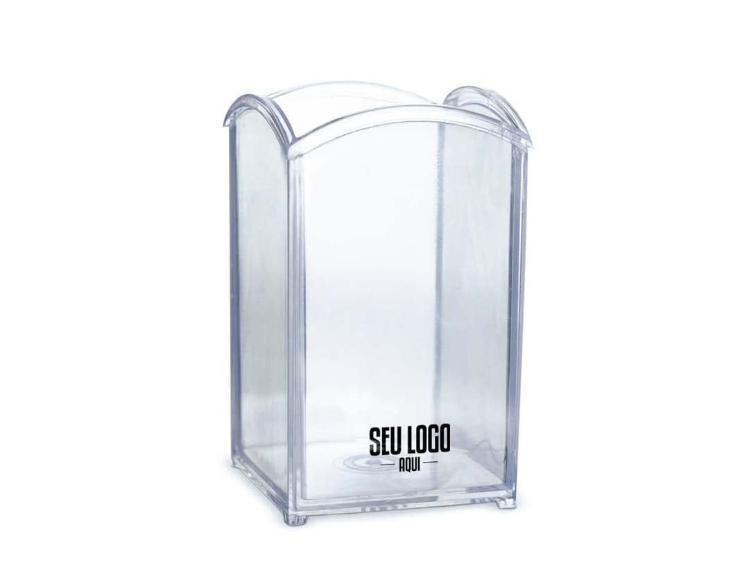 Porta Canetas feito de acrílico transparente com capacidade para até 10 canetas, visto de cima em uma mesa de escritório.
