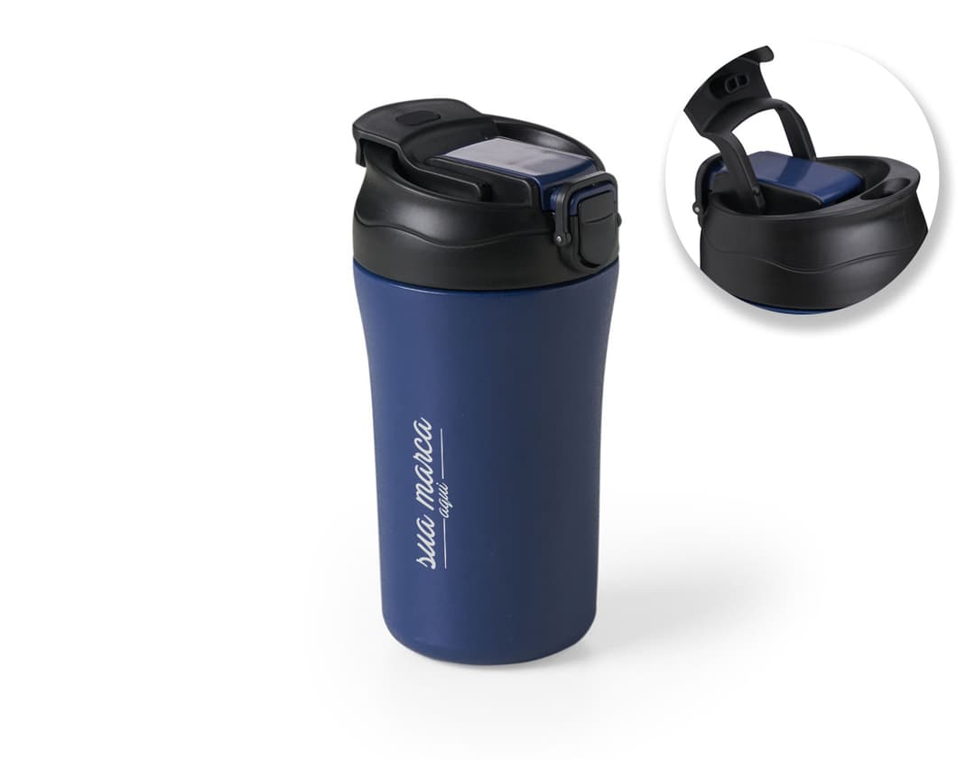 Copo de inox com capacidade de 450ml.