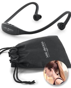 Fone de ouvido desportivo ABS bluetooth preto, com sunglass, cabo, tecnologia sem fio, equipamento médico estetoscópio e estilo moderno para uso em atividades esportivas.