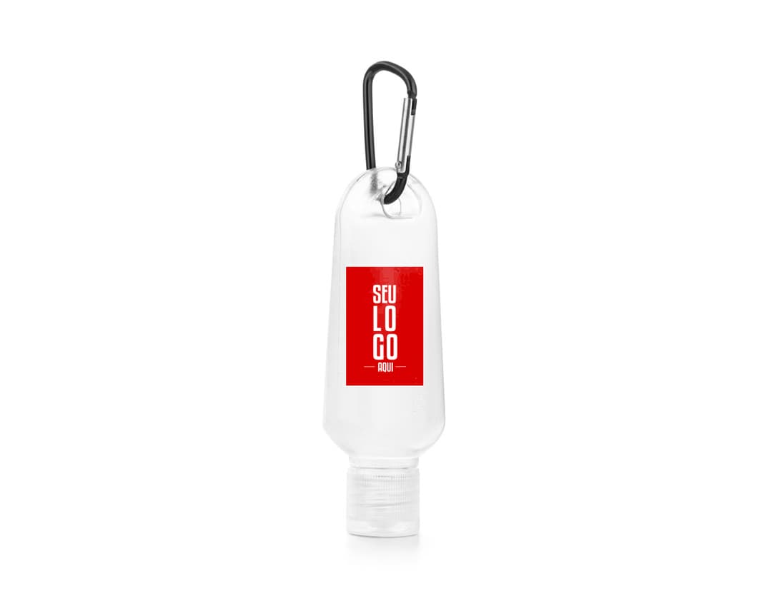 Frasco 50 ml transparente com tampa amarela, contendo líquido transparente. O frasco está vazio e limpo, faz parte de um conjunto de objetos de higiene e cuidados pessoais. É um recipiente moderno, com design clean e forma cilíndrica. A imagem mostra um produto para armazenar bebidas alcoólicas, como vodka ou vinho.
