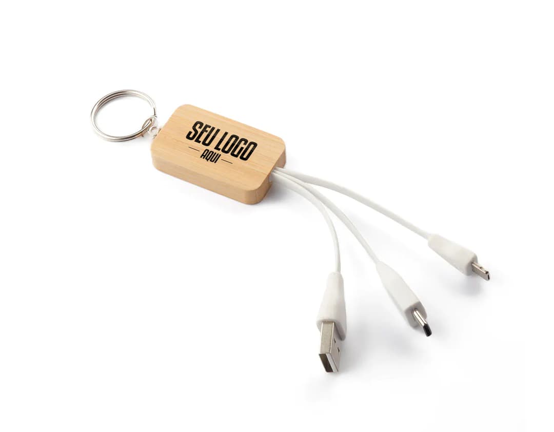 Chaveiro com cabo USB - Acessório essencial para estar sempre conectado. Prático e versátil, ideal para carregar seu dispositivo de forma rápida e eficiente. Nunca fique sem bateria novamente. Garanta o seu!