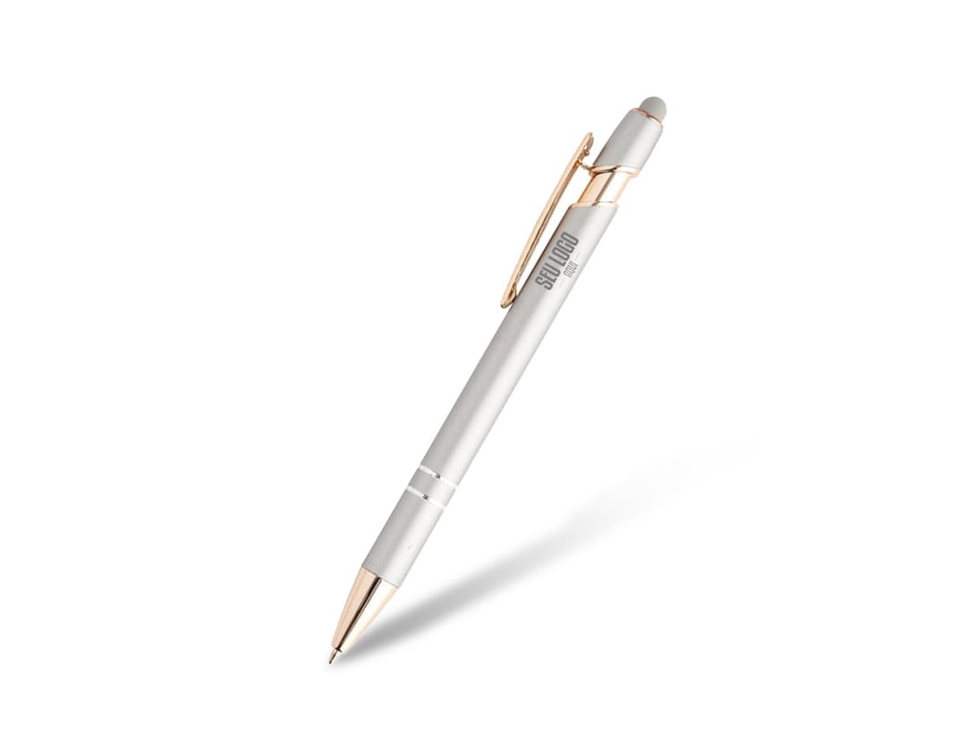 Caneta de metal touch elegante para escrita de alta qualidade. Perfeita para escritório, escola ou negócios. Design sofisticado em prata com ponta touch screen. Ideal para assinaturas, contratos e desenhos. Garanta a sua agora!