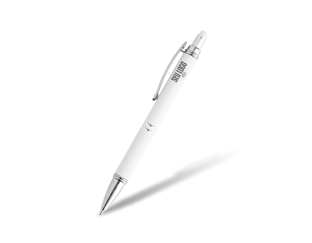 Caneta Touch com acabamento emborrachado em metal prateado, design moderno e elegante. Ideal para escrita e desenho, possui ponta afiada e função touch para utilização em dispositivos digitais.