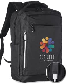 Mochila preta de nylon com alças de couro, fecho de zíper, design moderno e capacidade de 20 litros. Ideal para viagens, estilo casual e armazenamento seguro de objetos.
