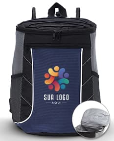 Mochila térmica de 18 litros em couro preto e metal prateado, com alça de transporte, fecho de fita e design moderno e elegante. Ideal para viagens, negócios e celebrações, esta bolsa térmica é o presente perfeito para um aniversário ou ocasião especial.