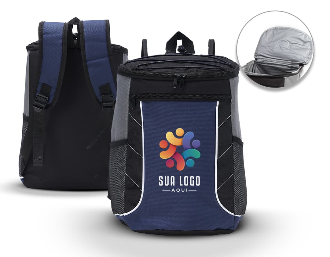 Mochila térmica de 18 litros em couro preto e metal prateado, com alça de transporte, fecho de fita e design moderno e elegante. Ideal para viagens, negócios e celebrações, esta bolsa térmica é o presente perfeito para um aniversário ou ocasião especial.
