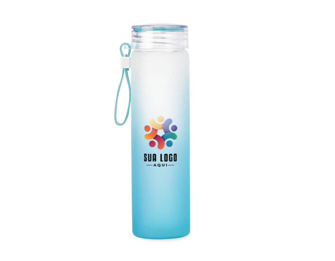 Garrafa de Vidro 470ml transparente com tampa de metal prateada, em fundo branco.