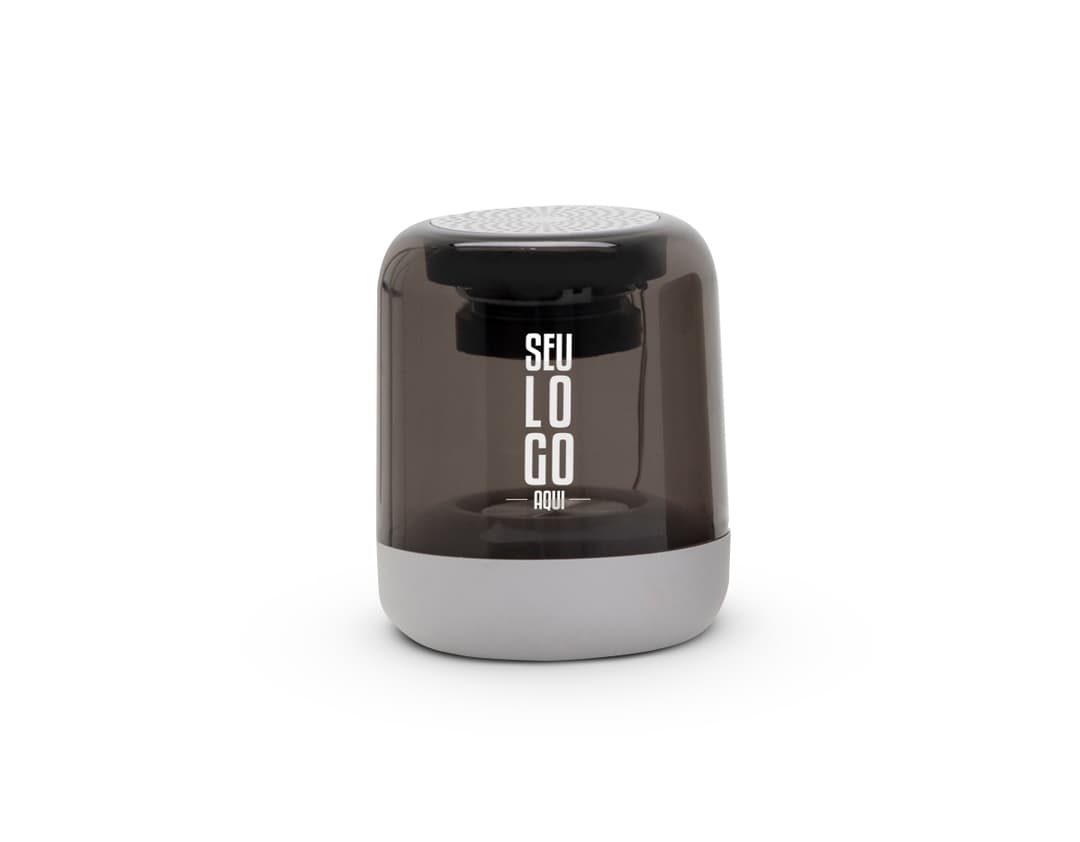 Caixa de som multimídia com LED: modernidade e tecnologia para o seu escritório. Equipamento eletrônico de alta qualidade, design elegante em metal prateado. Acesse agora e garanta o seu!
