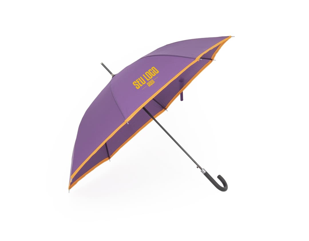 Guarda-chuva manual em poliéster com aço, design colorido em laranja e amarelo, com uma combinação de cores vibrantes. Possui uma forma única de guarda-sol com detalhes em 3D, apresentando elementos gráficos e símbolos, como um peixe-espada e uma fita arco-íris. O guarda-chuva é decorado com padrões modernos e uma asa de guarda-chuva com marcações de segurança. É um acessório ideal para proteção contra chuva e sol durante o verão, adequado para uso de pescadores, surfistas e para decoração em vários ambientes.