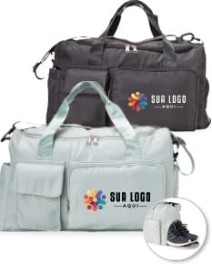 Bolsa esportiva de 28 litros em nylon marrom e preto com alças de couro, zipper, bolso e fivela. Ideal para viagens, academia e passeios.