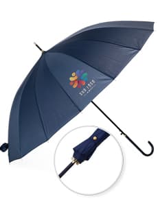 Guarda-chuva amarelo 3D com 16 varetas, abertura automática, cone de proteção e cabo preto. Imagem ilustrativa de um acessório para se proteger da chuva, com design funcional e tecnológico.
