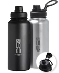 Garrafa térmica inox de 1 litro com alça plástica, ideal para armazenar líquidos de forma segura e manter a temperatura por mais tempo.