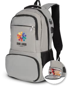 Mochila preta de couro com material reciclável e isolamento térmico, moderna e estilosa. Possui alça, zíper, bolso e espaço para armazenar objetos. Ideal para viagens, passeios e atividades esportivas.