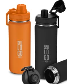 Garrafa de aço inoxidável de 570ml, contendo líquido. Objeto de higiene pessoal, limpo e de metal brilhante. Possui tampa e design transparente.
