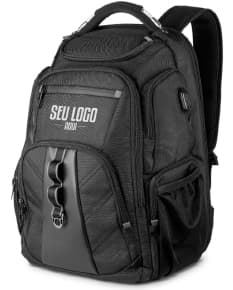 Mochila Premium preta com saída para USB e fone de ouvido, ideal para transporte de equipamentos e dispositivos eletrônicos. Perfeita para profissionais em viagens de negócios ou lazer.