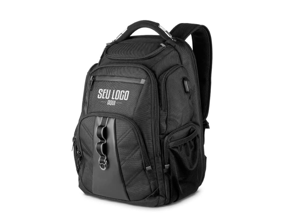 Mochila Premium preta com saída para USB e fone de ouvido, ideal para transporte de equipamentos e dispositivos eletrônicos. Perfeita para profissionais em viagens de negócios ou lazer.