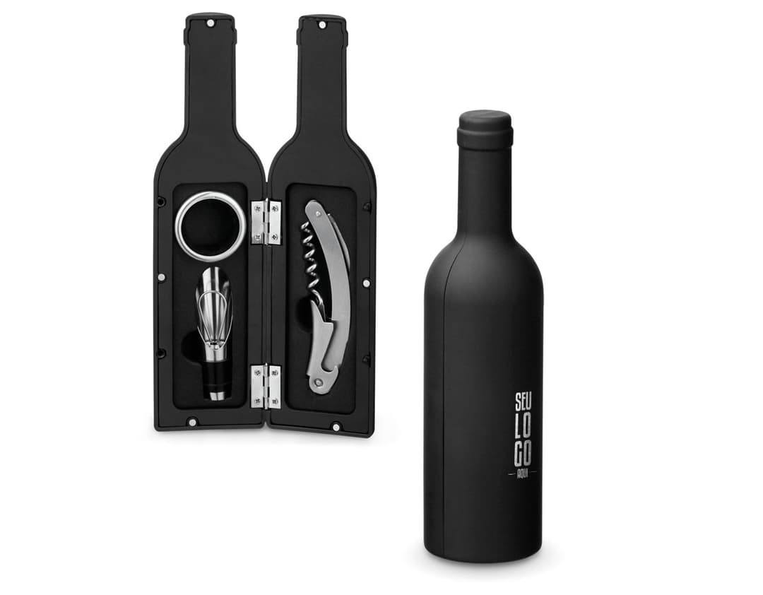 Kit de vinho 3 peças contendo uma garrafa de vinho, copo de vidro e abridor de garrafas em um fundo escuro e elegante. O conjunto é perfeito para celebrações, jantares e eventos especiais.