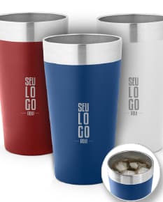 container de metal em 3D, copo térmico 540 mL brilhante em cor prateada e amarela, sem conteúdo, objeto de cuidado e design para armazenamento de líquidos, feito de aço inoxidável com tampa e parede transparente.