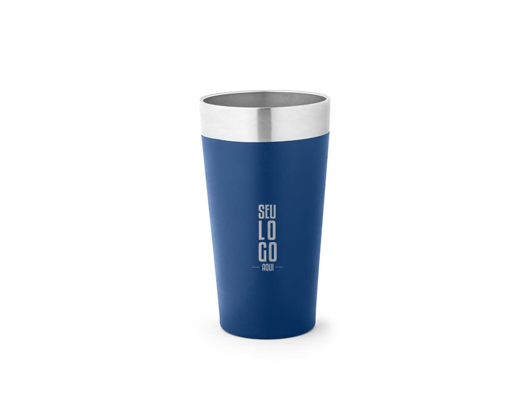 container de metal em 3D, copo térmico 540 mL brilhante em cor prateada e amarela, sem conteúdo, objeto de cuidado e design para armazenamento de líquidos, feito de aço inoxidável com tampa e parede transparente.
